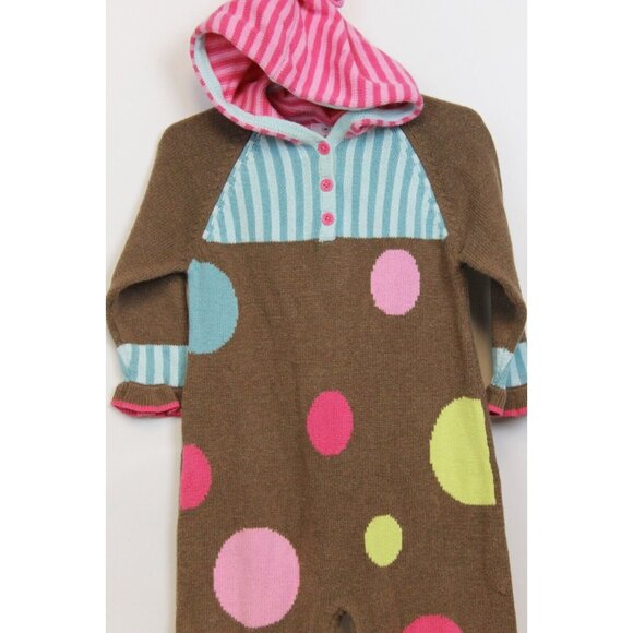Hanna Andersson Romper Baby Sz 80 US 2 Hooded Sweater Brown Polka Dots Stripes - Picture 2 of 11